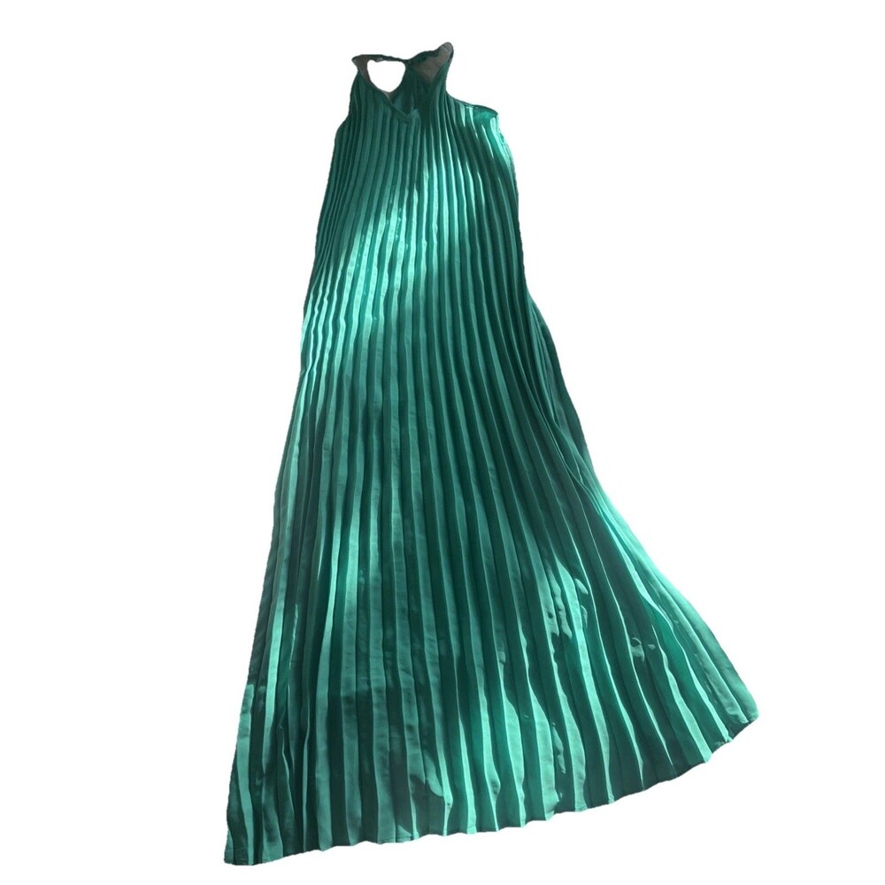 She+Sky Women's Smocked Pleated Maxi Dress Racerback Green Sundress Small